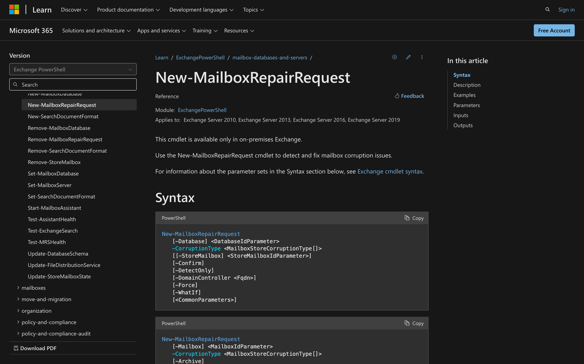 Using new-MailboxRepairRequest in Powershell