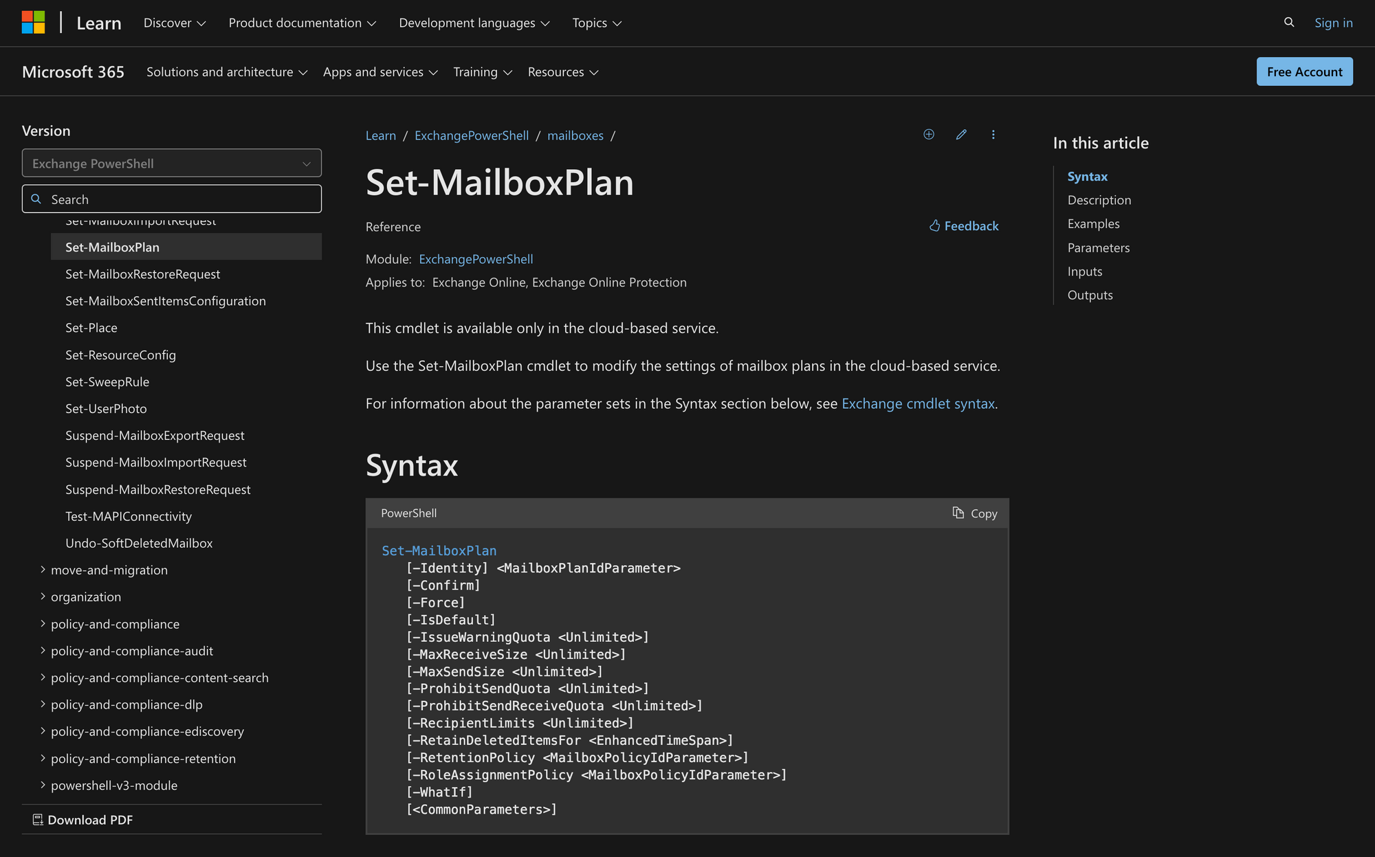 How to use Set-MailboxPlan in Powershell