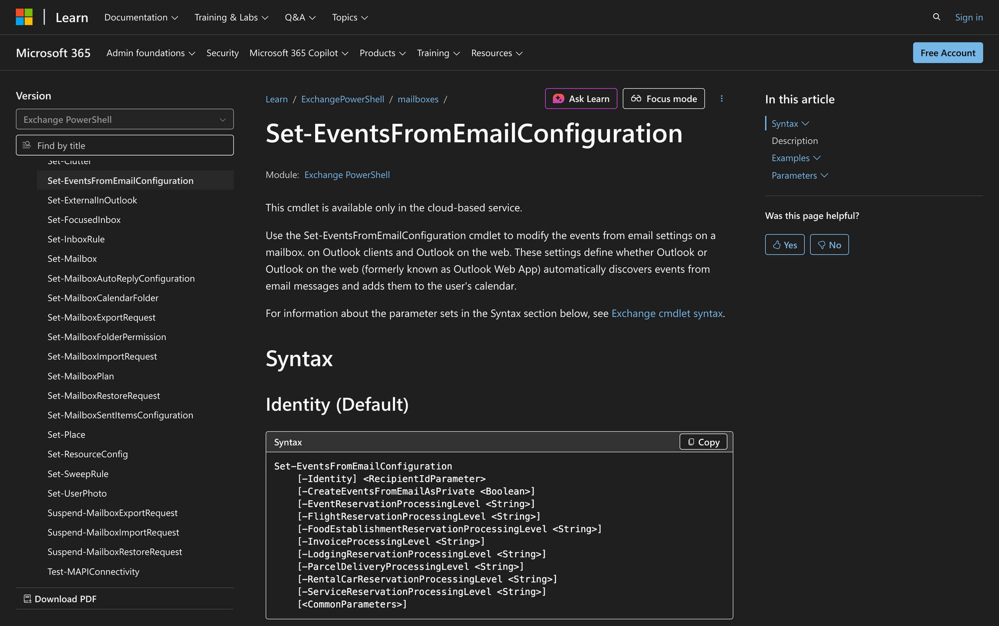 How to Use Set-EventsFromEmailConfiguration in Powershell