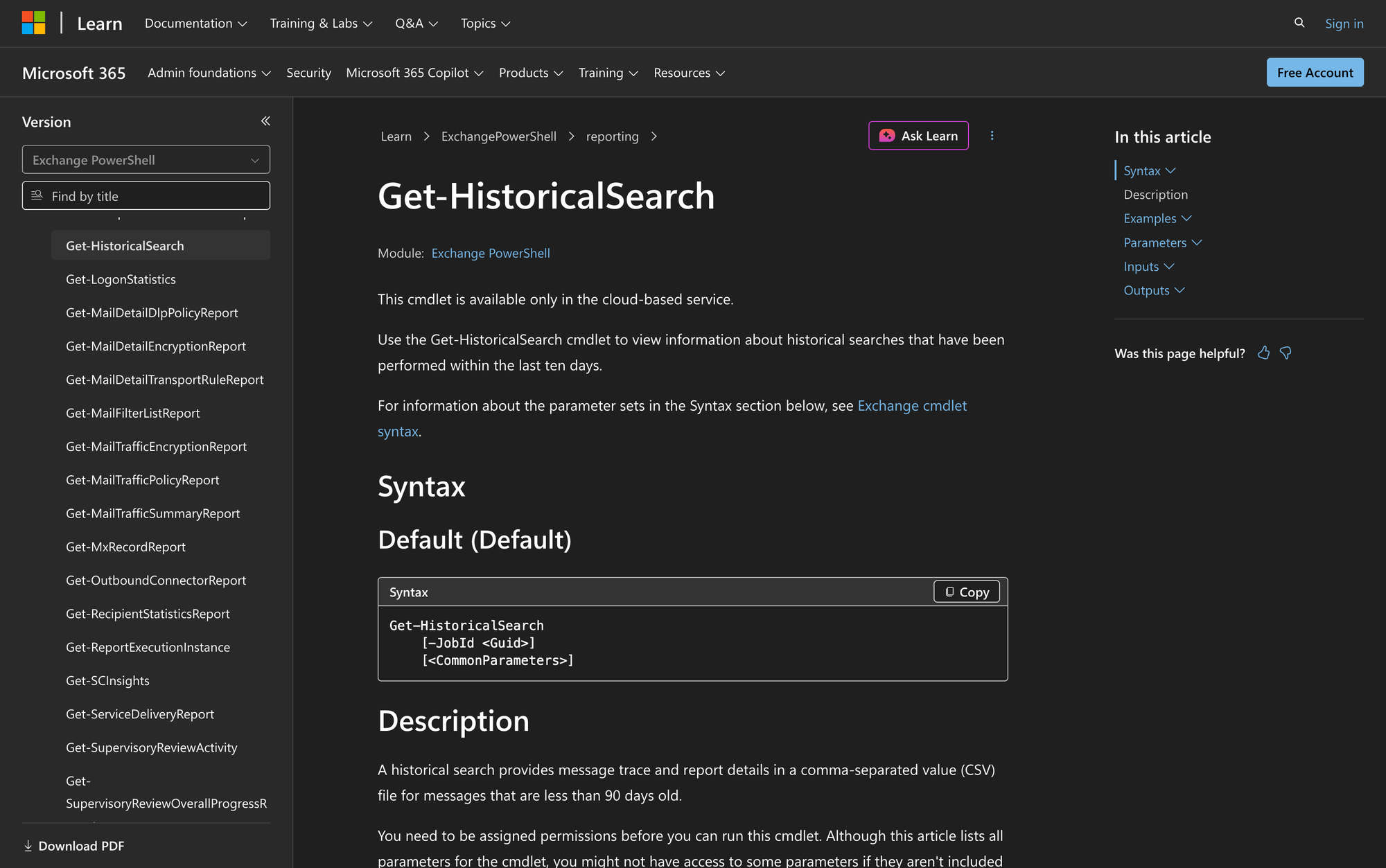 Using Get-HistoricalSearch in PowerShell