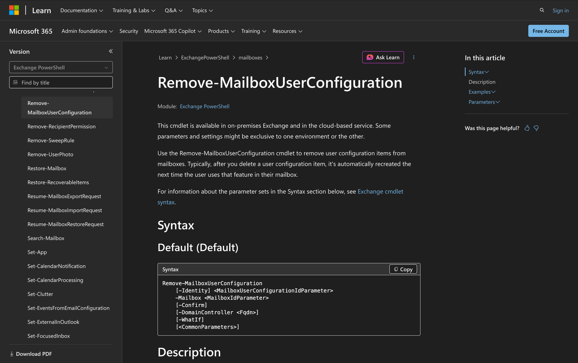 Using Remove-MailboxUserConfiguration in Powershell