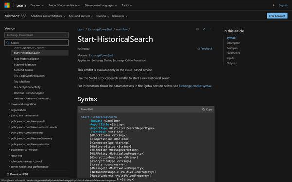 How to use Start-HistoricalSearch in Powershell
