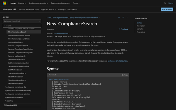 How to use New-ComplianceSearch in PowerShell