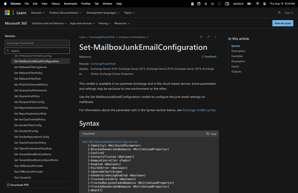 Using Set-MailboxJunkEmailConfiguration in Powershell