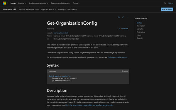 Using Get-OrganizationConfig in Powershell