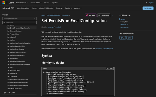 How to Use Set-EventsFromEmailConfiguration in Powershell