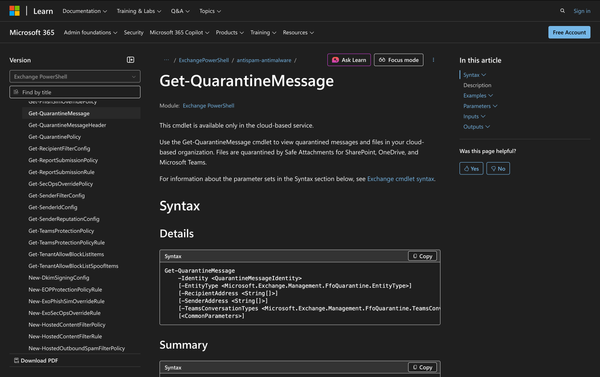 Using Get-QuarantineMessage in Powershell