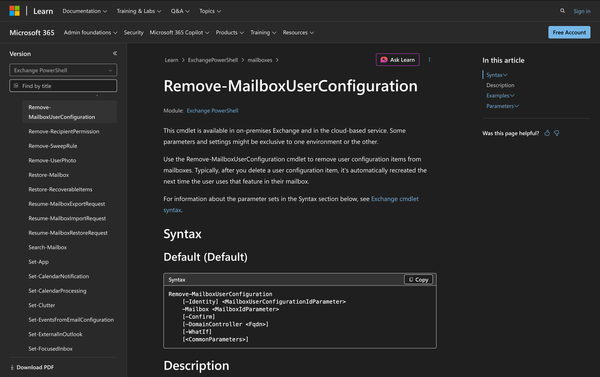 Using Remove-MailboxUserConfiguration in Powershell